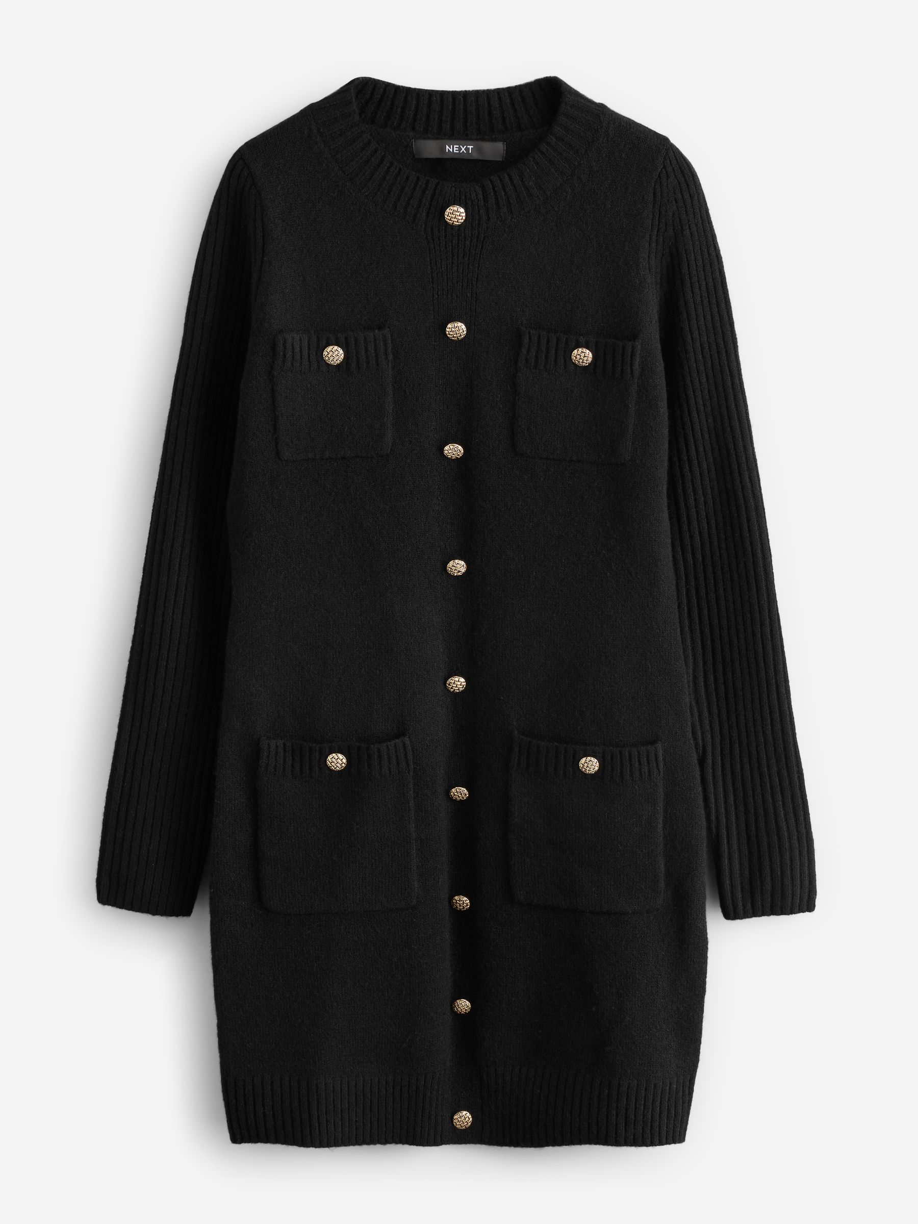 Black Smart Button Up Knitted Jumper Dress with Wool