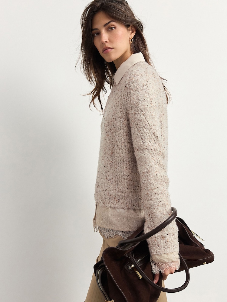 Neutral Lace Layer Collared Knitted Jumper - Image 3 of 8