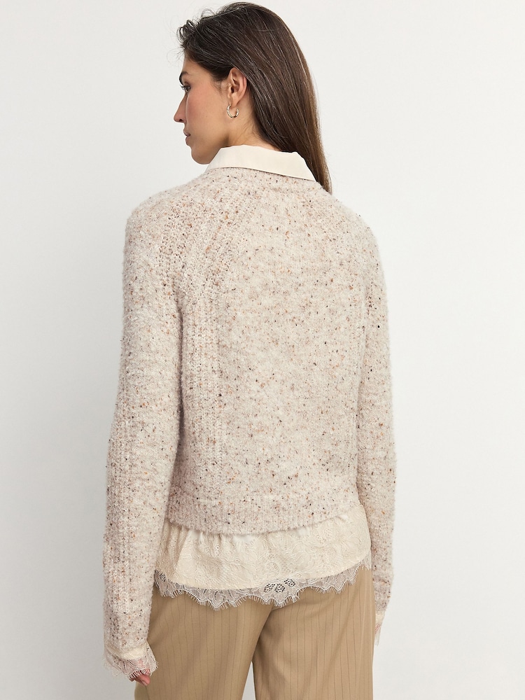 Neutral Lace Layer Collared Knitted Jumper - Image 4 of 8