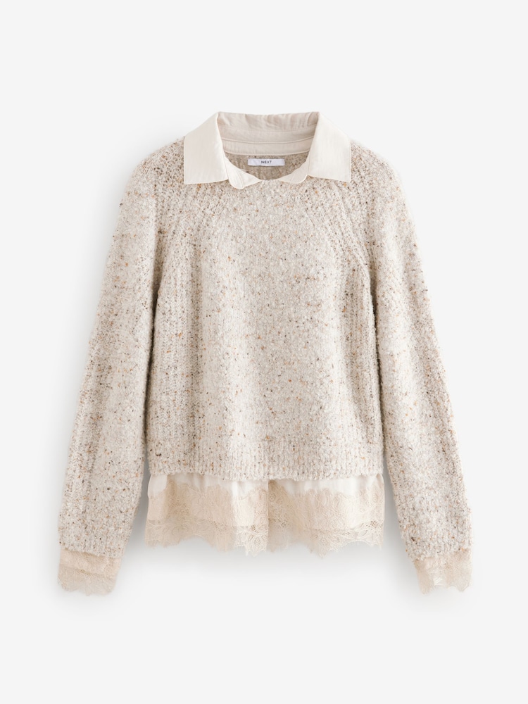 Neutral Lace Layer Collared Knitted Jumper - Image 6 of 8