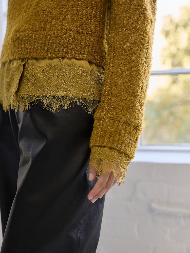 Green Olive Lace Layer Collared Knitted Jumper - Image 4 of 7
