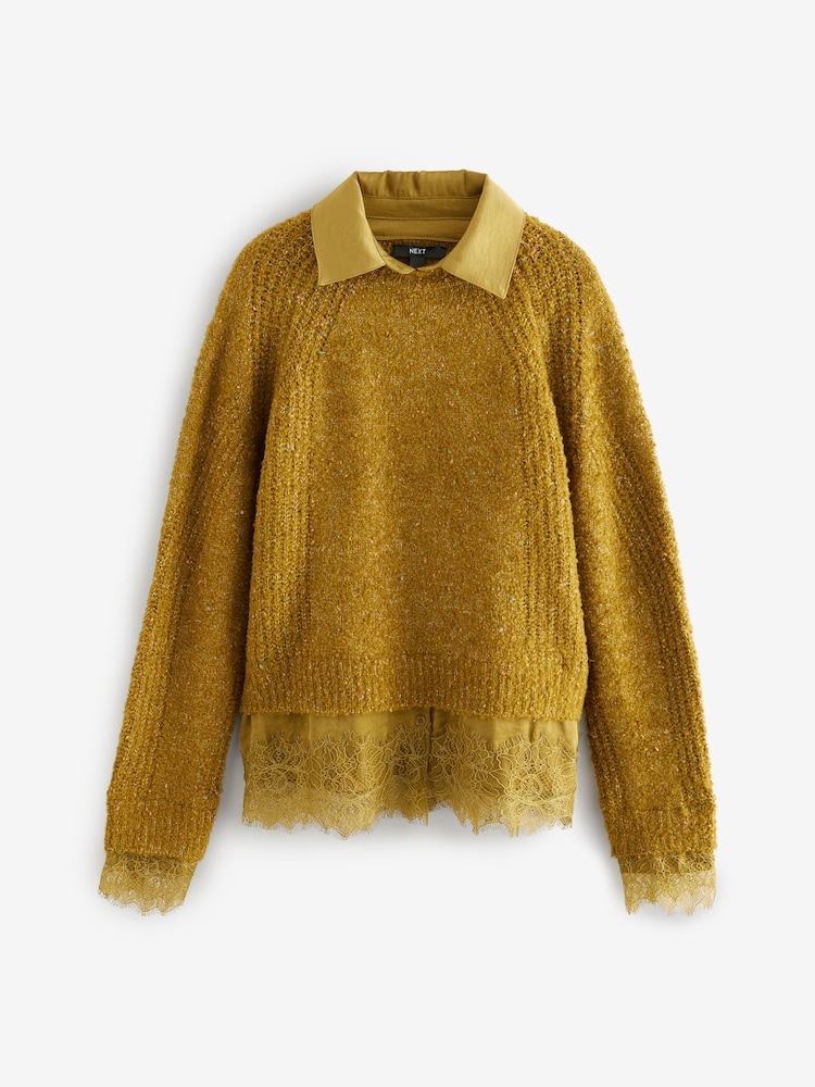 Green Olive Lace Layer Collared Knitted Jumper - Image 5 of 7