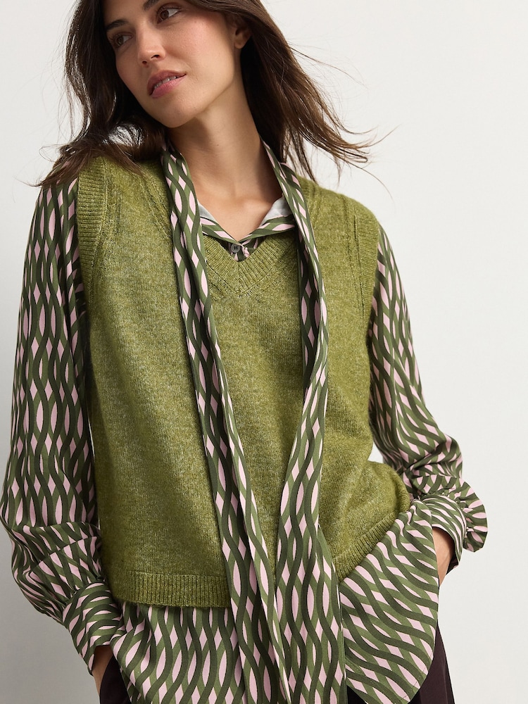 Green Khaki Tie Bow Collared Knitted Layer Tank Shirt with Wool - Image 1 of 8 Green Khaki Tie Bow Collared Knitted Layer Tank Shirt with Wool - Image 1 of 8