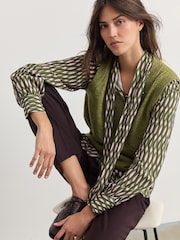 Green Khaki Tie Bow Collared Knitted Layer Tank Shirt with Wool - Image 2 of 8