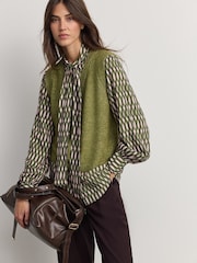 Green Khaki Tie Bow Collared Knitted Layer Tank Shirt with Wool - Image 3 of 8
