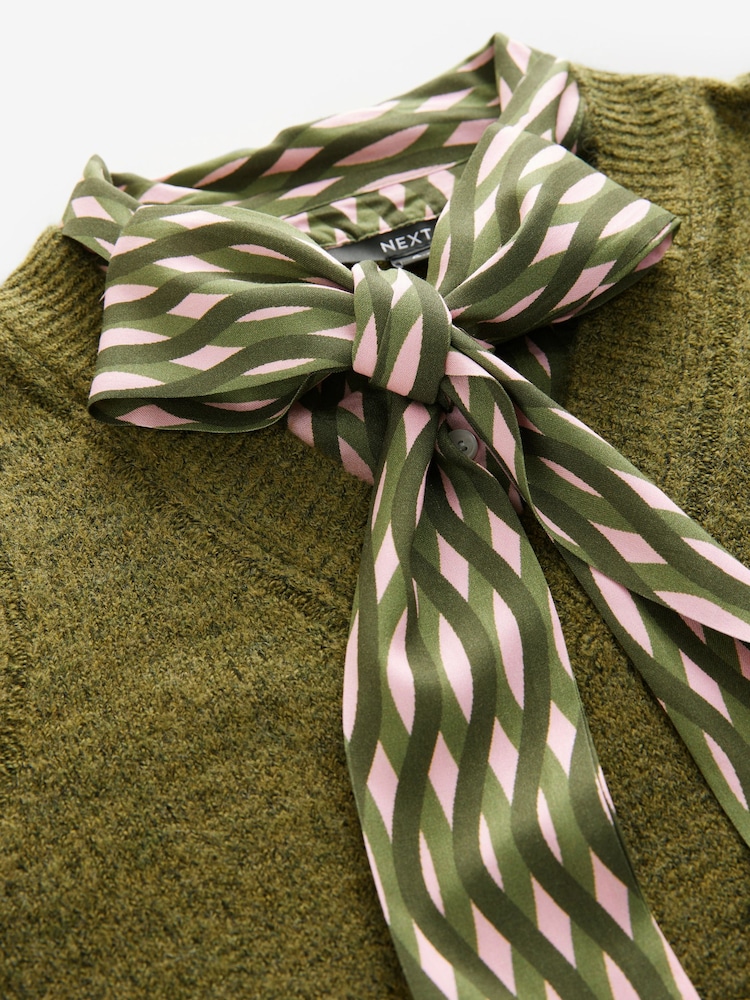 Green Khaki Tie Bow Collared Knitted Layer Tank Shirt with Wool - Image 8 of 8 Green Khaki Tie Bow Collared Knitted Layer Tank Shirt with Wool - Image 8 of 8