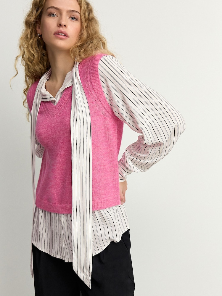 Pink Tie Bow Collared Knitted Layer Tank Shirt with Wool - Image 1 of 8 Pink Tie Bow Collared Knitted Layer Tank Shirt with Wool - Image 1 of 8