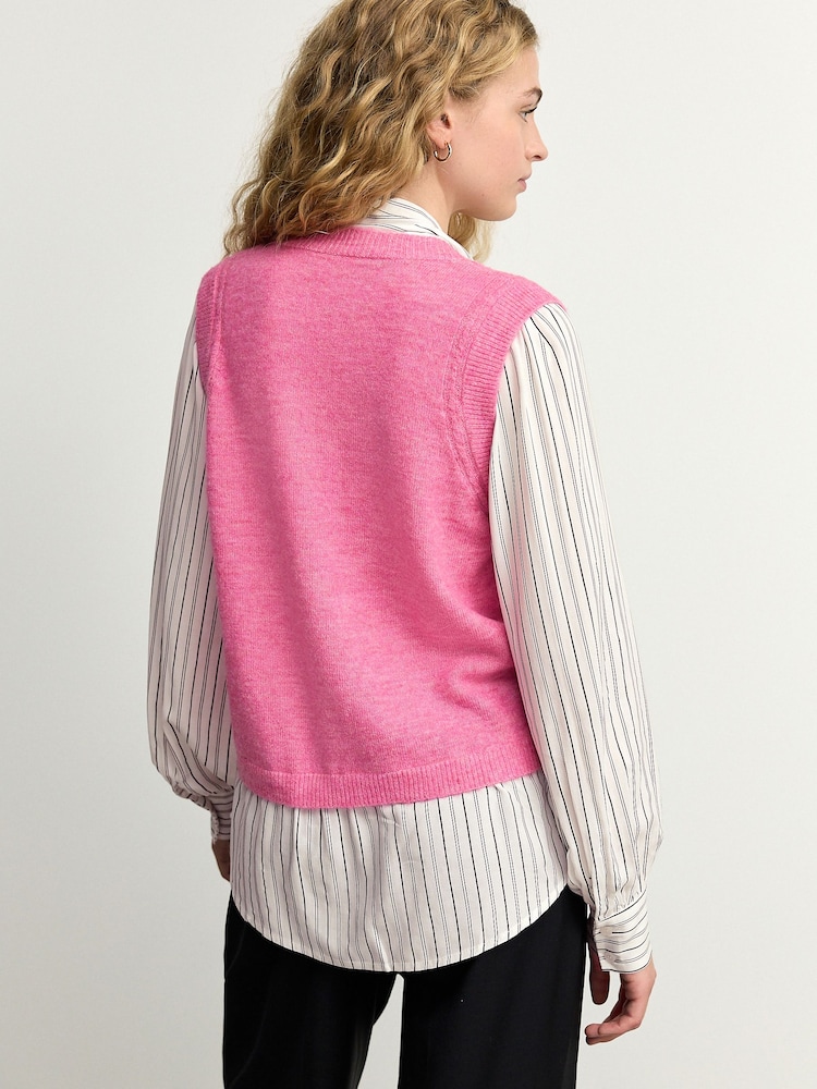 Pink Tie Bow Collared Knitted Layer Tank Shirt with Wool - Image 3 of 8