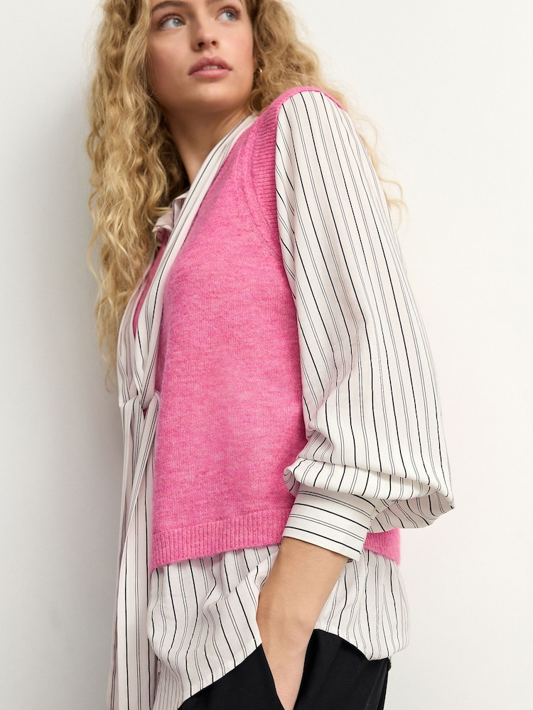 Pink Tie Bow Collared Knitted Layer Tank Shirt with Wool - Image 4 of 8