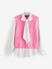 Pink Tie Bow Collared Knitted Layer Tank Shirt with Wool - Image 6 of 8