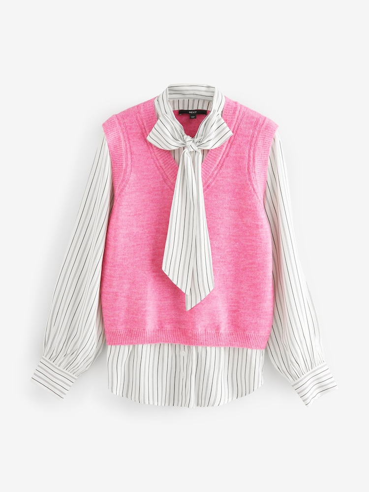 Pink Tie Bow Collared Knitted Layer Tank Shirt with Wool - Image 6 of 8