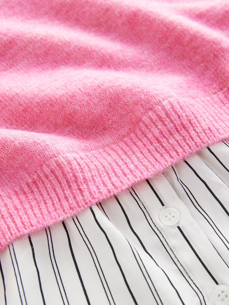Pink Tie Bow Collared Knitted Layer Tank Shirt with Wool - Image 7 of 8