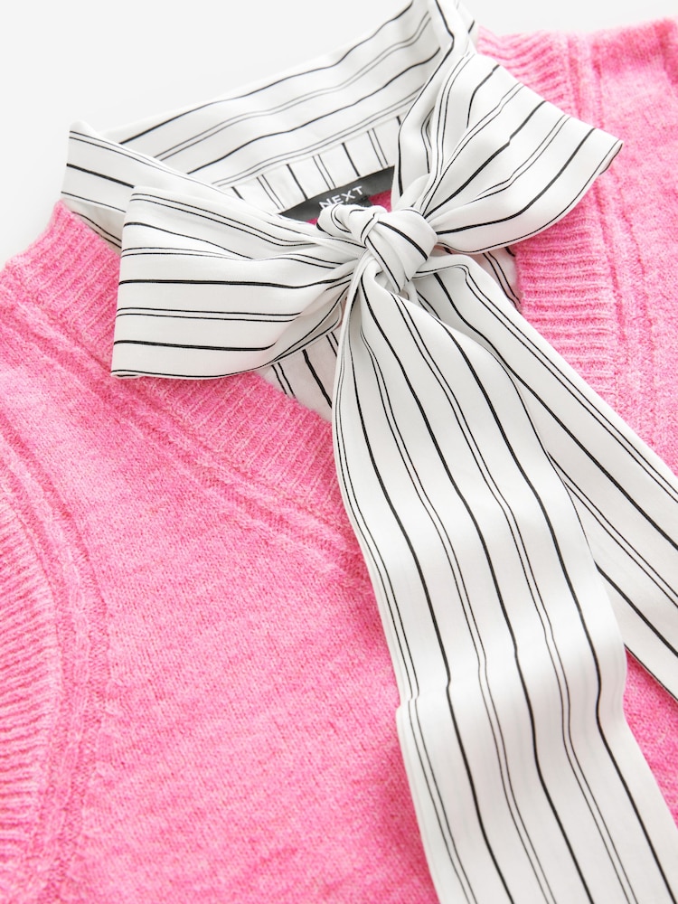 Pink Tie Bow Collared Knitted Layer Tank Shirt with Wool - Image 8 of 8 Pink Tie Bow Collared Knitted Layer Tank Shirt with Wool - Image 8 of 8