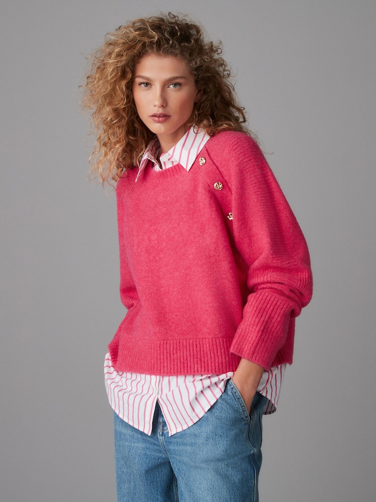 Hellrosa - Layered Long Sleeve Collared Gold Detailed Button Jumper with Wool and 100% Cotton Shirt - Bild 2 von 8 Hellrosa - Layered Long Sleeve Collared Gold Detailed Button Jumper with Wool and 100% Cotton Shirt - Bild 2 von 8