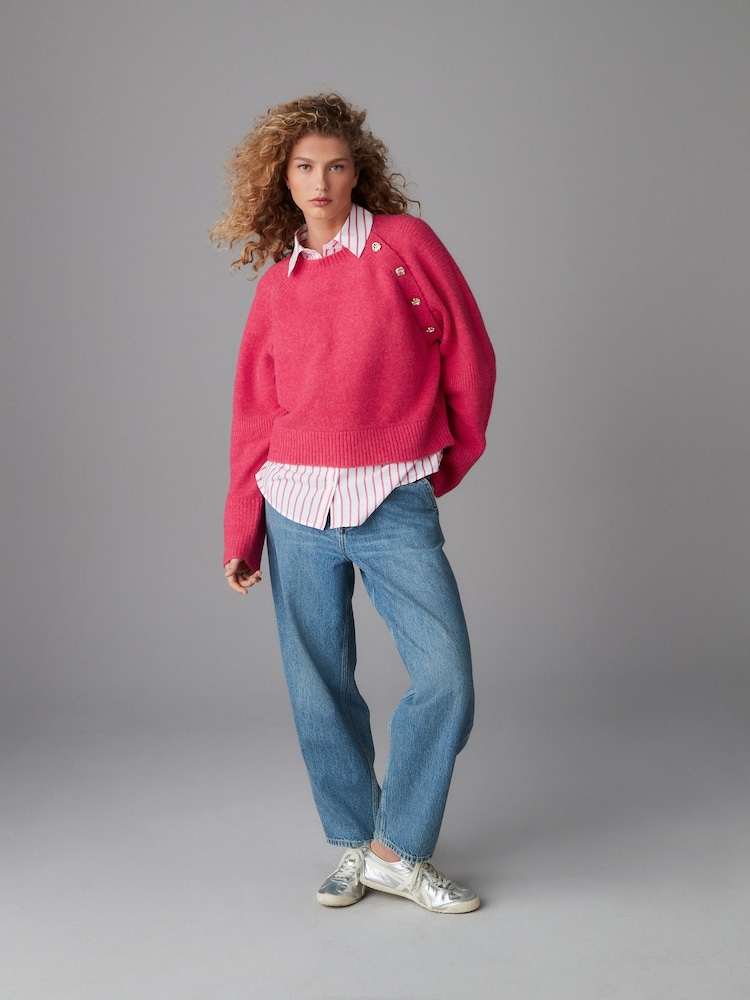 Pink Bright Layered Long Sleeve Collared Gold Detailed Button Jumper with Wool and 100% Cotton Shirt - Image 4 of 8