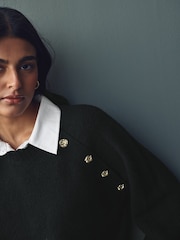 أسود - كنزة صوف بكُم طويل وياقة وأزرار ذهبية مع طبقة قميص قطن 100% - صورة 3 من 6