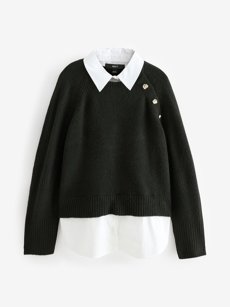 Black Layered Long Sleeve Collared Gold Detailed Button Jumper with Wool and 100% Cotton Shirt - Image 4 of 6