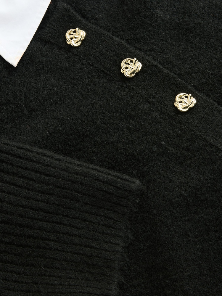 Black Layered Long Sleeve Collared Gold Detailed Button Jumper with Wool and 100% Cotton Shirt - Image 5 of 6