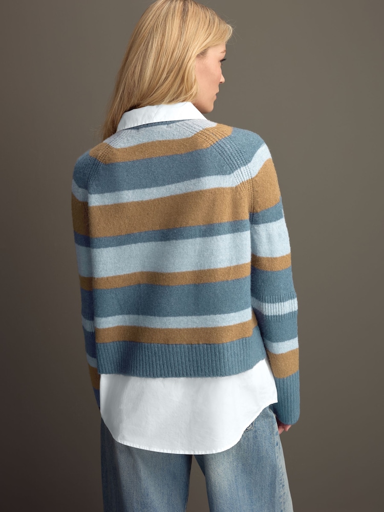 Blue Stripe Layered Long Sleeve Collared Gold Detailed Button Jumper with Wool and 100% Cotton Shirt - Image 4 of 10