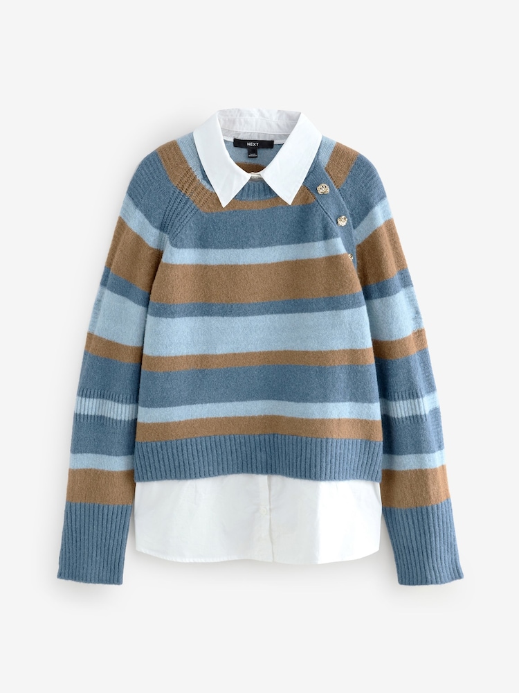 Blue Stripe Layered Long Sleeve Collared Gold Detailed Button Jumper with Wool and 100% Cotton Shirt - Image 5 of 10
