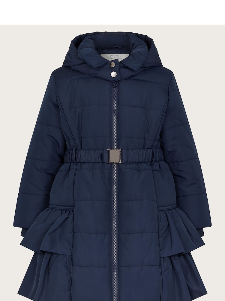 Monsoon Blue Belted Ruffle Coat - Image 1 of 3