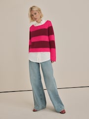 Pink Red Stripe Supersoft Layer Jumper With Gem Button Shirt - Image 2 of 8