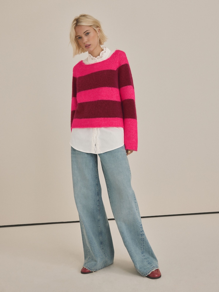 Pink Red Stripe Supersoft Layer Jumper With Gem Button Shirt - Image 2 of 8