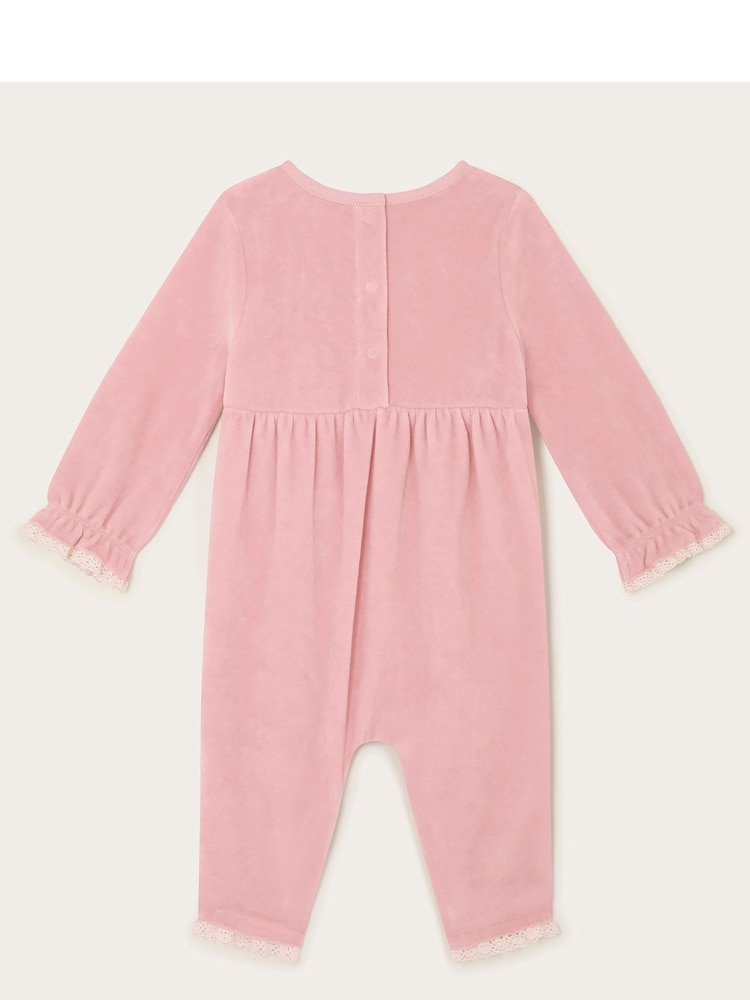 Monsoon Pink Newborn Shirred Velour Romper - Image 2 of 3 Monsoon Pink Newborn Shirred Velour Romper - Image 2 of 3