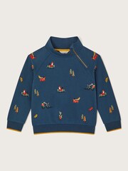 Monsoon Blue Park Embroidered Zip 100% Cotton Sweatshirt - Image 1 of 1