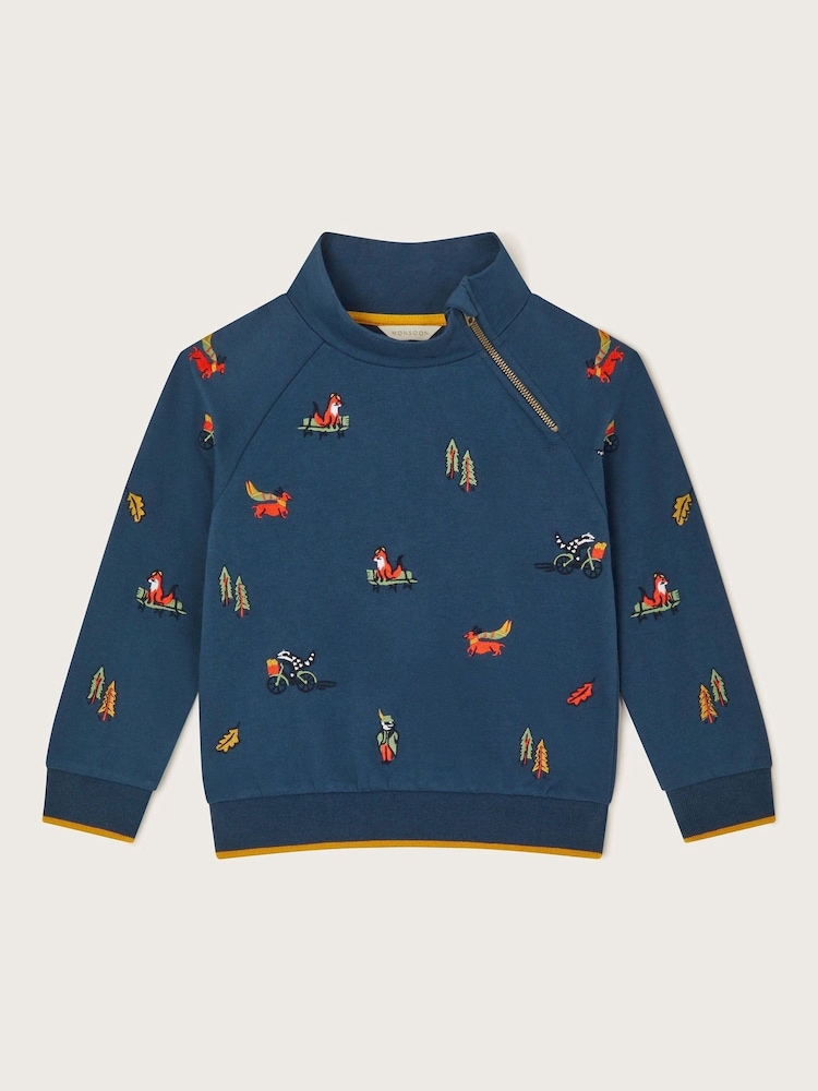 Monsoon Blue Park Embroidered Zip 100% Cotton Sweatshirt - Image 1 of 1 Monsoon Blue Park Embroidered Zip 100% Cotton Sweatshirt - Image 1 of 1