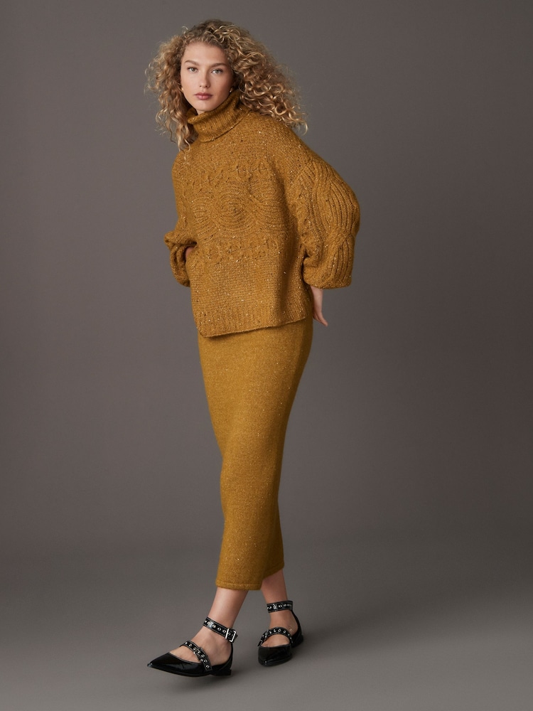 Green Olive Neppy Knitted Column Midi Skirt with Wool - Image 1 of 8