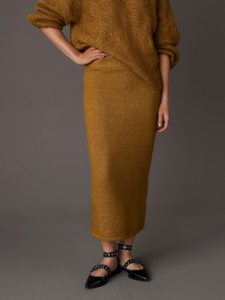Green Olive Neppy Knitted Column Midi Skirt with Wool - Image 2 of 8