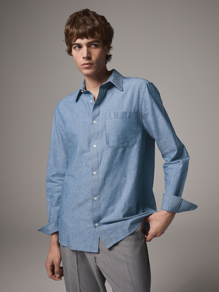 Mid Blue Regular Fit Textured Single Cuff Shirt With Cutaway Collar - Image 3 of 5