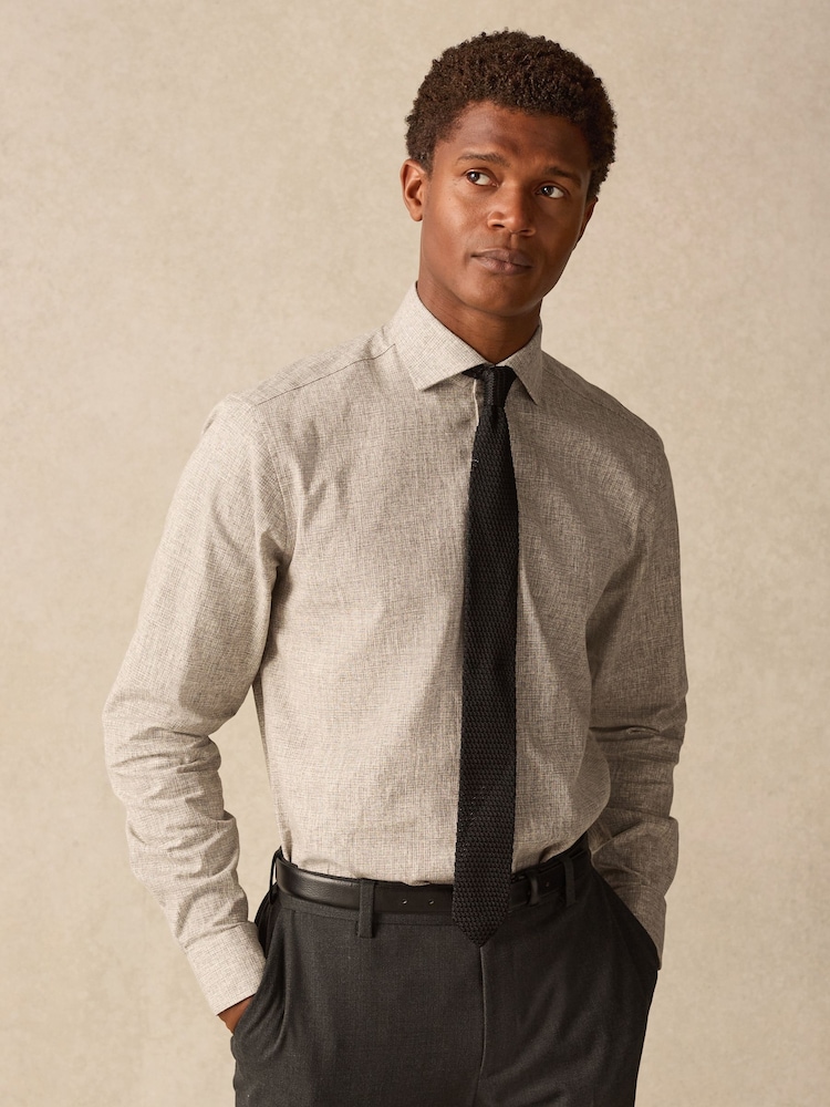 Neutral Brown Linen Blend Regular Fit Long Sleeve Cutaway Collar Shirt - Image 2 of 6