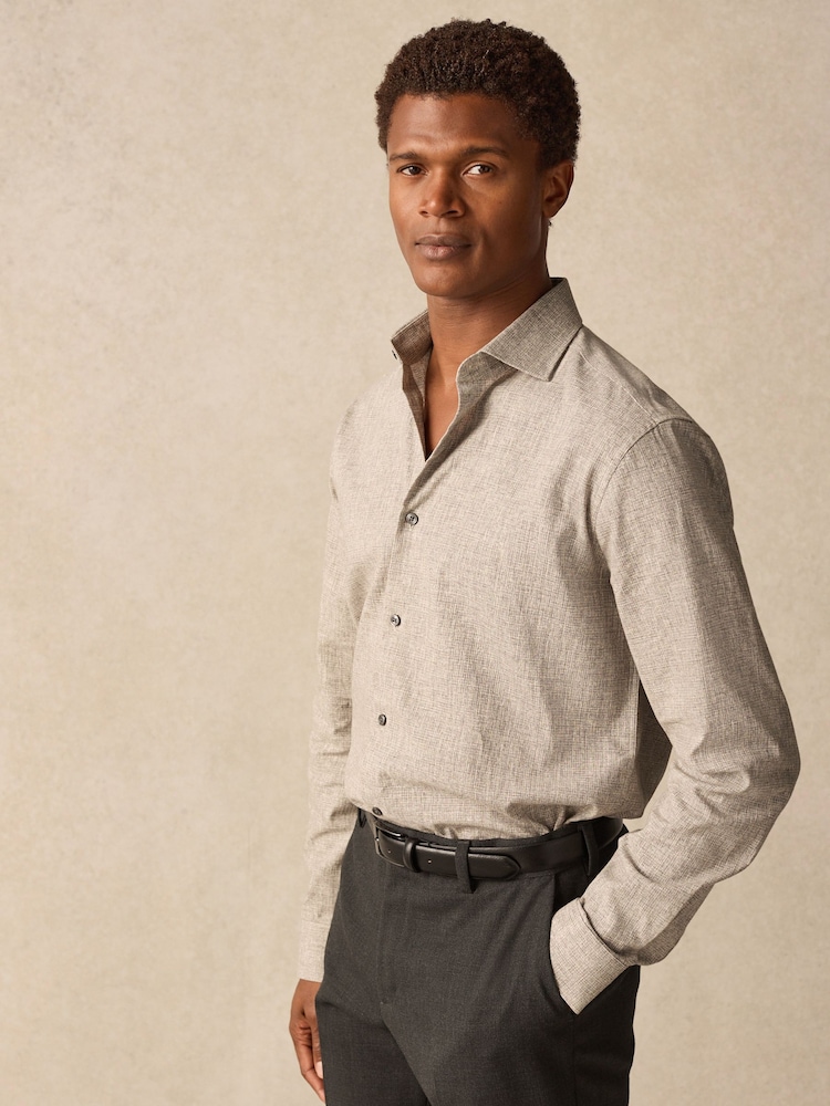 Neutral Brown Linen Blend Regular Fit Long Sleeve Cutaway Collar Shirt - Image 6 of 6