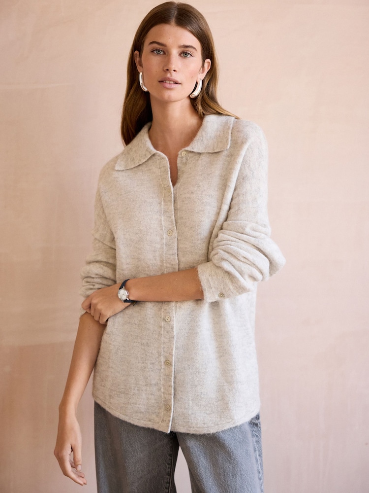 Grey Premium Soft Touch Collared Button Down Knitted Shirt with Alpaca - Image 1 of 7
