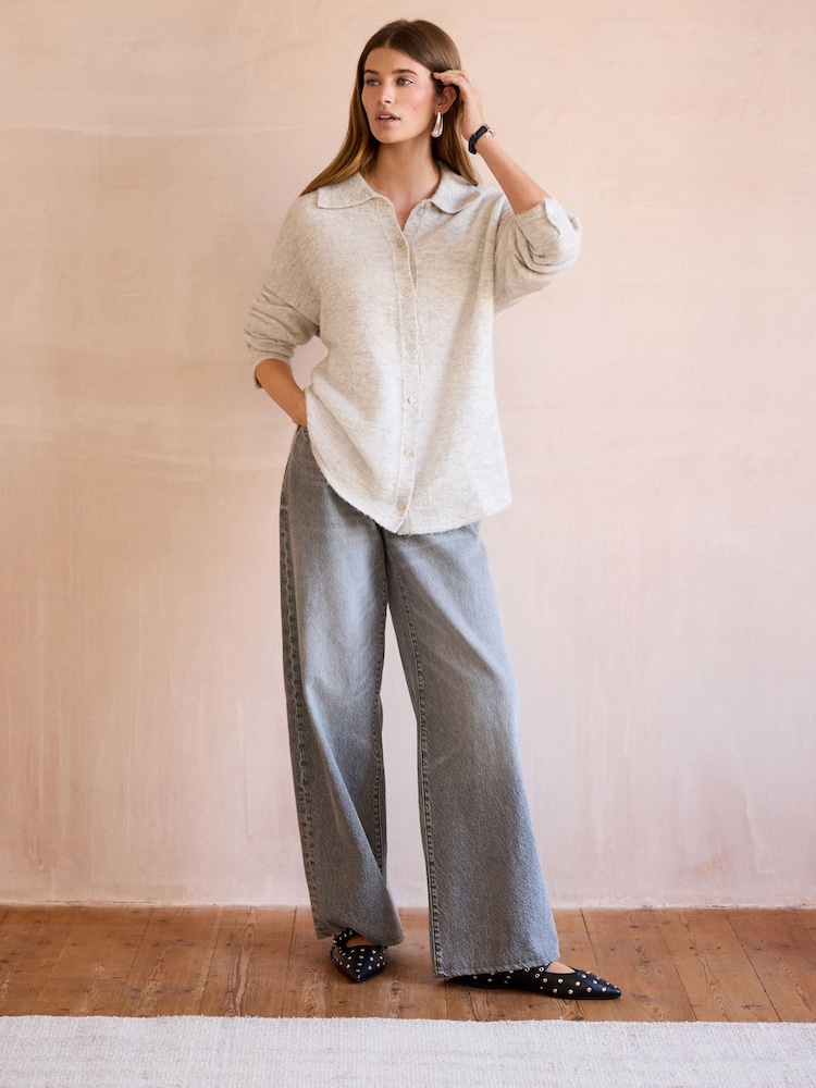Grey Premium Soft Touch Collared Button Down Knitted Shirt with Alpaca - Image 3 of 7