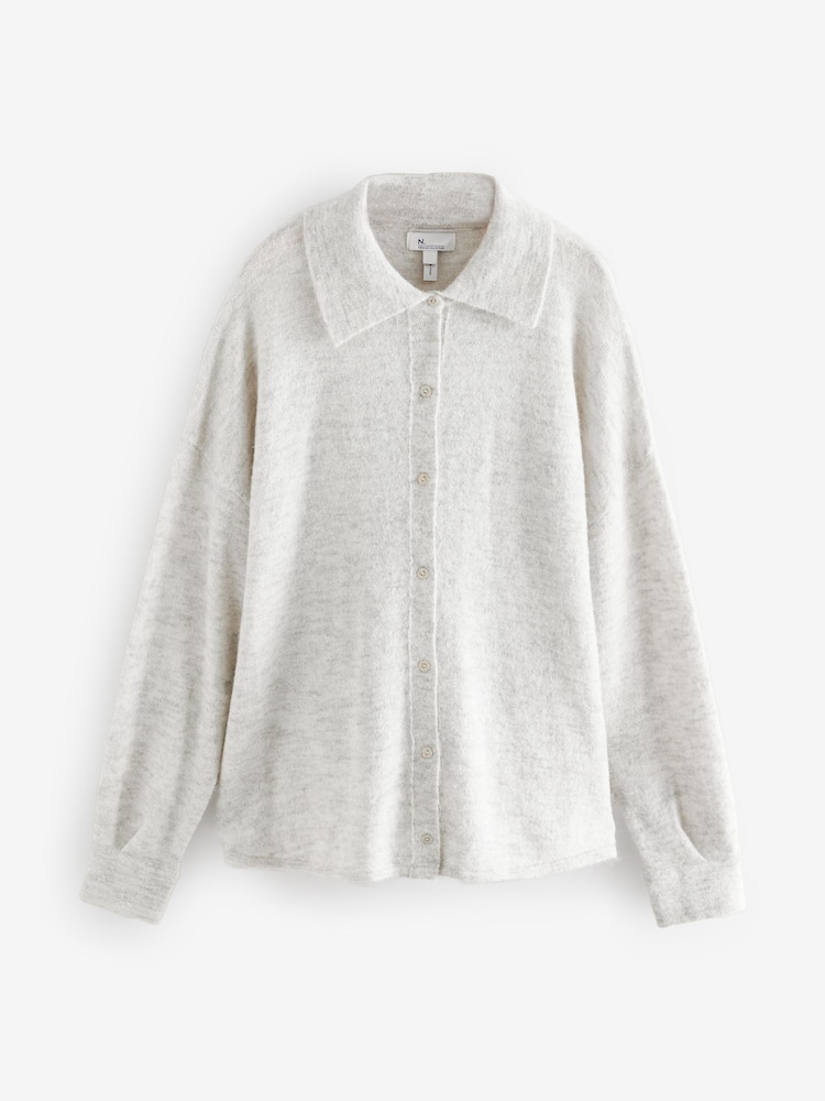 Grey Premium Soft Touch Collared Button Down Knitted Shirt with Alpaca - Image 5 of 7