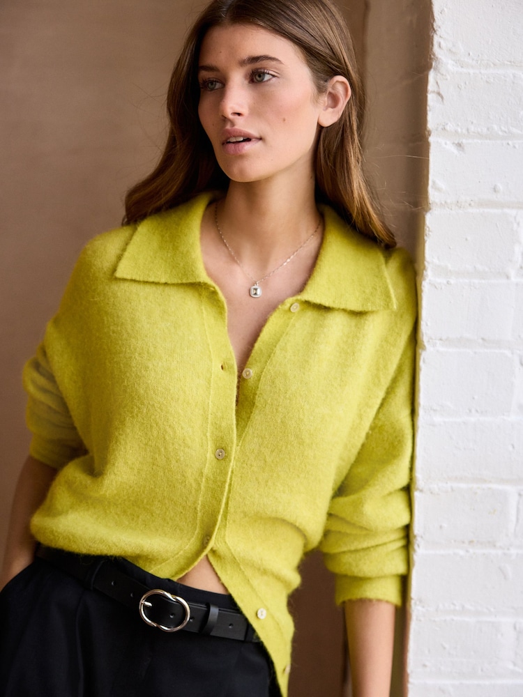 Green Lime Premium Soft Touch Collared Button Down Knitted Shirt with Alpaca - Image 1 of 7