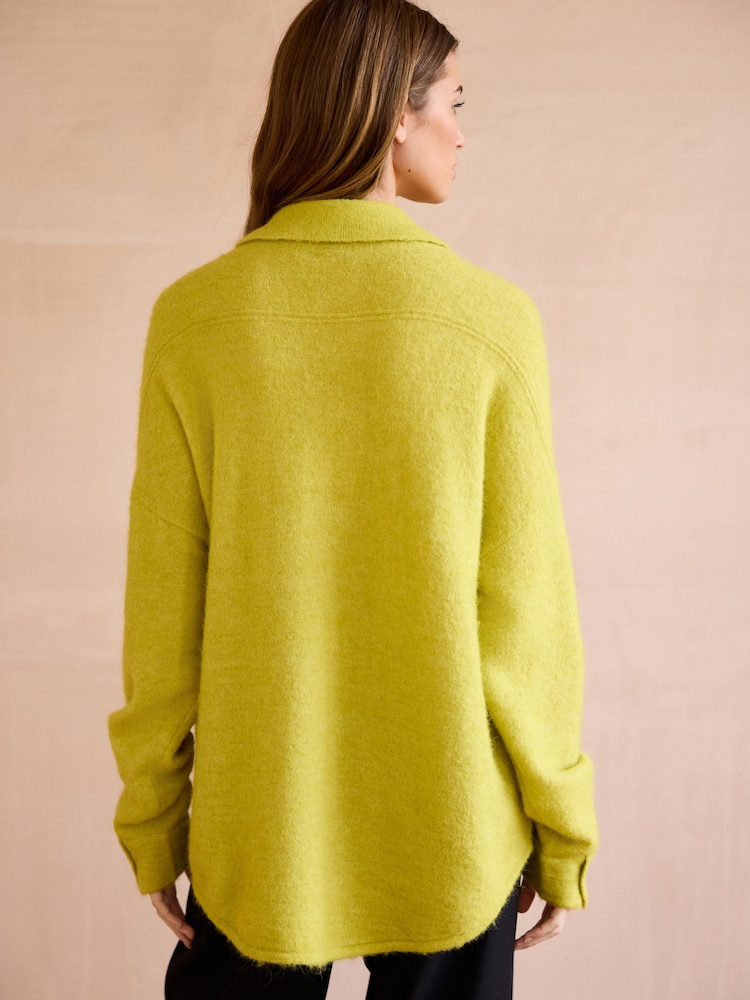Green Lime Premium Soft Touch Collared Button Down Knitted Shirt with Alpaca - Image 2 of 7