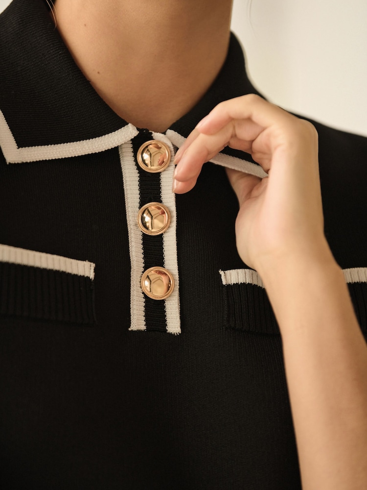 Black White Smart Collared Knitted T-Shirt - Image 3 of 6