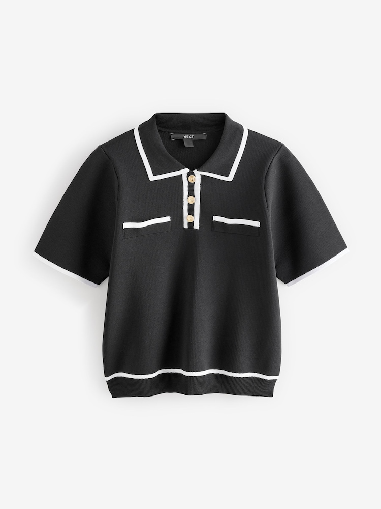 Black White Smart Collared Knitted T-Shirt - Image 4 of 6