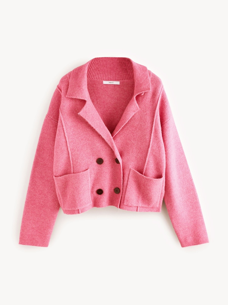 Pink Smart Collared Knitted Blazer Cardigan Jacket with Wool - Image 5 of 7