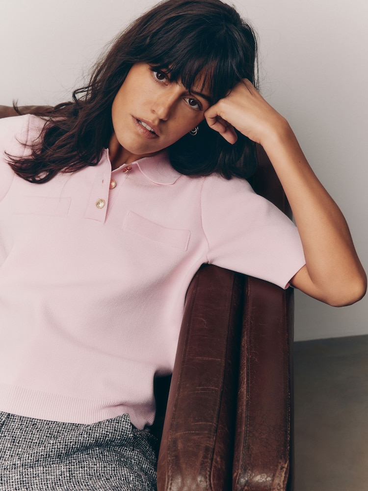 Hellrosa - Smart Collared Knitted T-Shirt - Bild 1 von 8