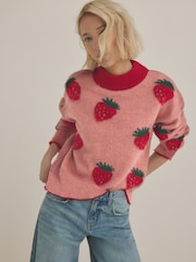 Pink Strawberry Patterned Knitted Crew Neck Jumper - Image 1 of 8