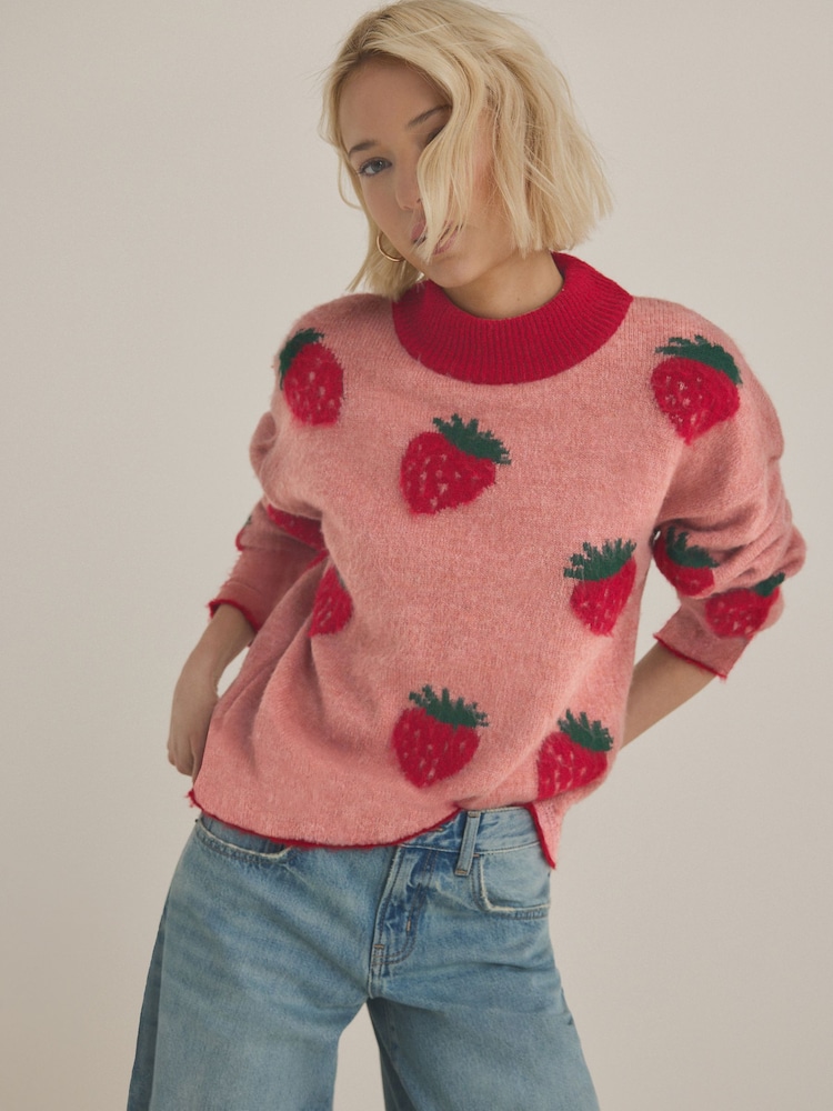 Pink Strawberry Patterned Knitted Crew Neck Jumper - Image 1 of 8