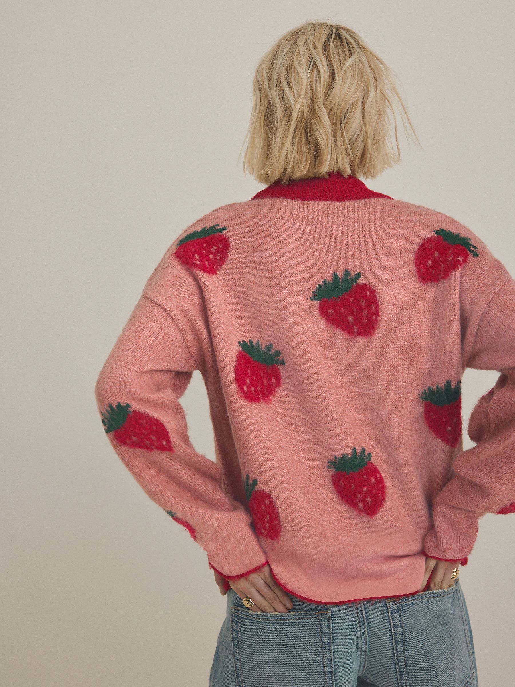 Buy Pink Strawberry Patterned Knitted Crew Neck Jumper from