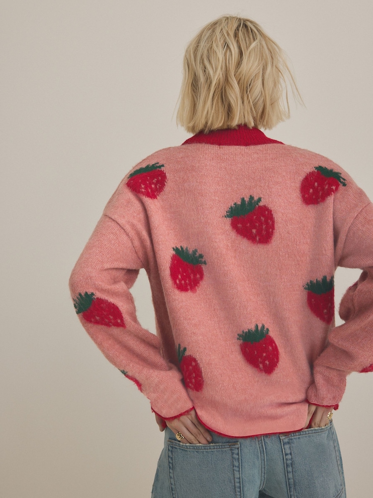 Pink Strawberry Patterned Knitted Crew Neck Jumper - Image 3 of 8
