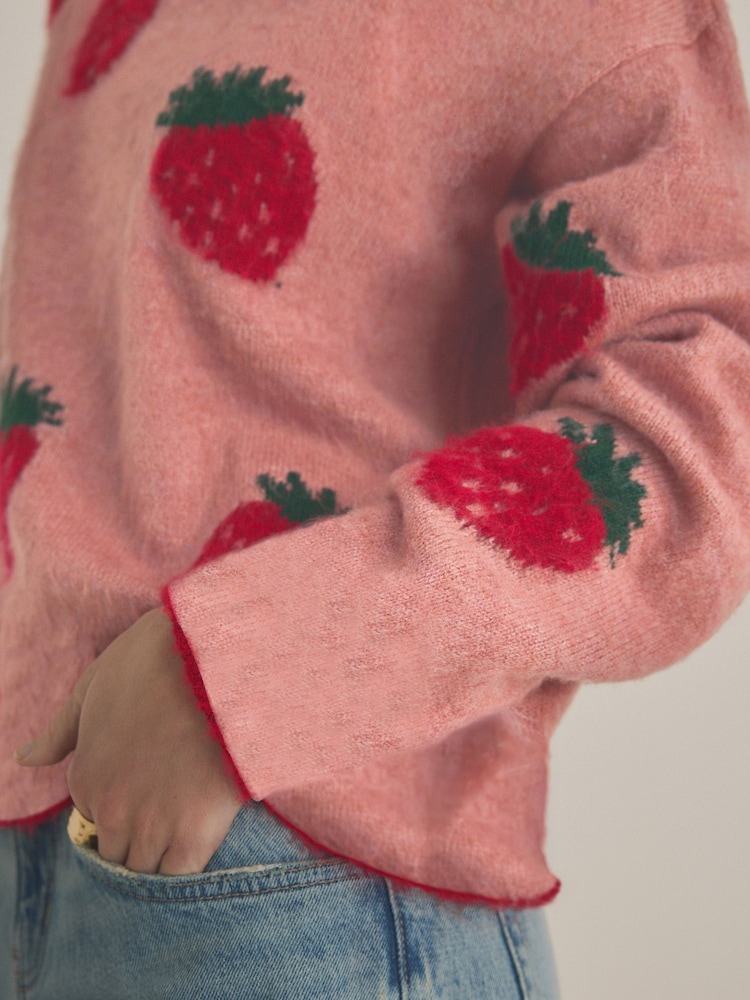 Pink Strawberry Patterned Knitted Crew Neck Jumper - Image 5 of 8
