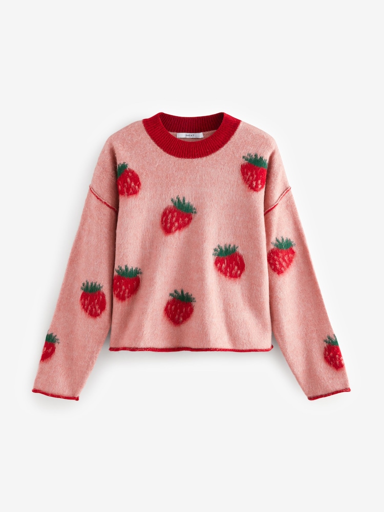 Pink Strawberry Patterned Knitted Crew Neck Jumper - Image 6 of 8